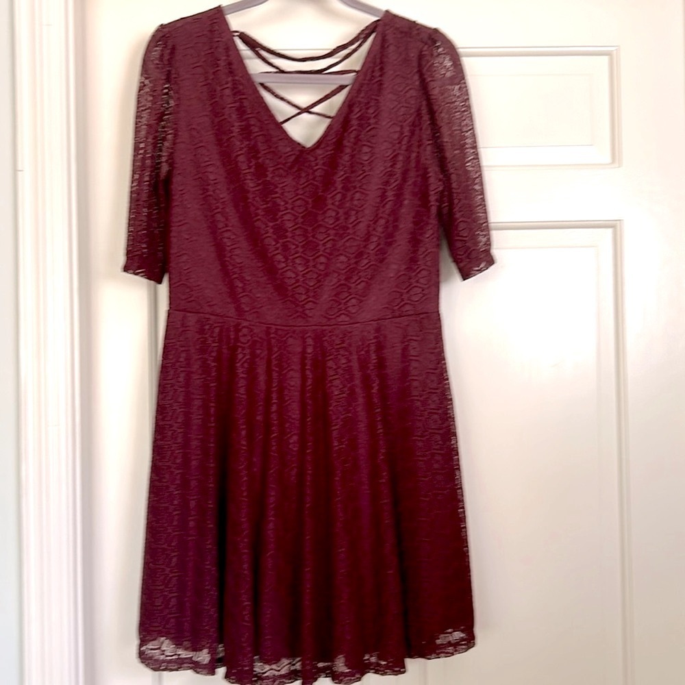 Songwriter Lace Dress Western Boho Burgundy Red Lace Up Mini Dress XL